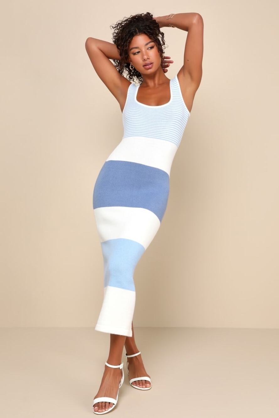 NWT Lulus Easily Gorgeous Ivory and Light Blue Striped Midi Sweater Dress Sz S